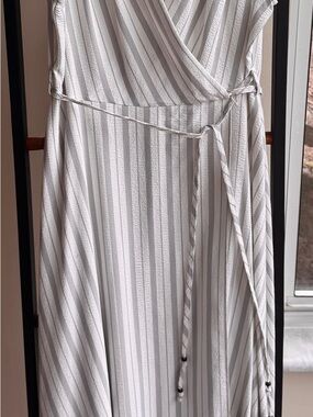 Calvin Klein Womens Black/Grey/White Crinkle Striped Faux Wrap Maxi Dress